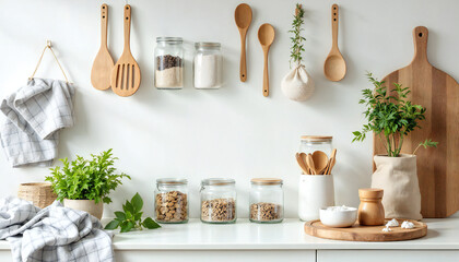 An inviting kitchen setting, adorned with rustic wooden utensils and aromatic herbs, a harmonious blend of functionality and aesthetic charm.