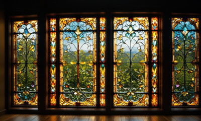 A large stained glass window fills the wall of a cozy room, with vibrant colors and intricate design
