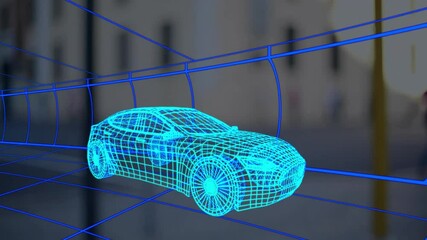 Neon blue wireframe car model floating through glowing grid tunnel in virtual 3D simulation - Powered by Adobe