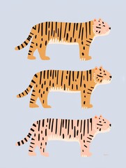 Stylized tigers in three different poses showcase vibrant colors
