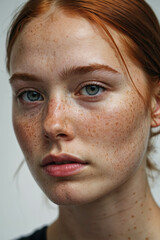 Natural Beauty: Close-Up Portrait of Freckled Redhead Teenager with Intense Gaze in Vibrant Studio Photography