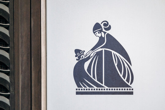 Paris, France - 23 February 2025: Closeup of Lanvin logo on boutique wall, iconic mother and daughter silhouette, Faubourg Saint Honore, Paris