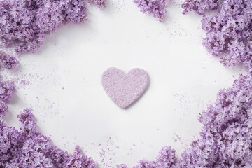 Romantic lilac flower frame with a purple heart-shaped stone in the center on white background. Perfect for spring, love, wedding, or Mother's Day designs, invitations, or wellness concepts.
