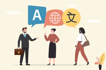 Multi ethnic people talking, foreign international language symbols. foreign language learning, translation or international communication, global or multilingual education. © Alina