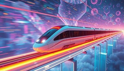 Futuristic high-speed train streaks across a holographic sky, traversing a luminous beam bridge, night, rails