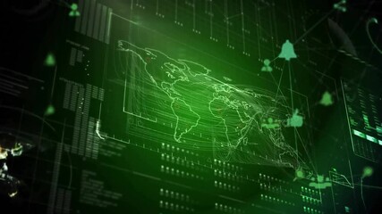 3D render interface presenting semi-transparent world map flowing with network data lines - Powered by Adobe