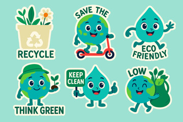 Obraz premium Cute eco-themed stickers with cartoon Earth and water drop characters promoting recycling, green thinking, and clean living.