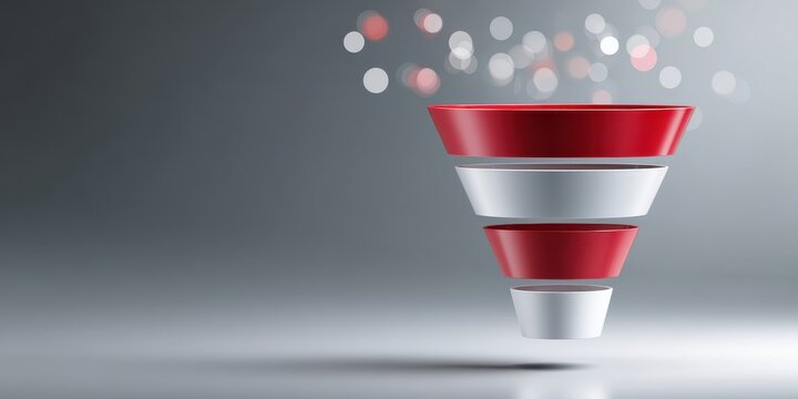 Abstract 3D rendering of a red and white funnel, showcasing a layered sales funnel concept against a neutral gray background. Soft bokeh highlights add visual interest.