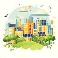 Obraz premium Green City: A vibrant city with eco-friendly architecture, featuring solar panels and lush green spaces, symbolizes sustainability and environmental consciousness.