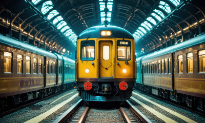 Naklejka premium A yellow train sits on the tracks, ready to depart