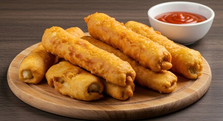 Serving of Fried Cheese Sticks with Dipping Sauce on Wooden Board