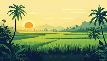 A serene illustration showcases a vibrant rice field, graced with palm trees, set against a backdrop of rolling hills, capturing the beauty of the tropics and the start of a new day.