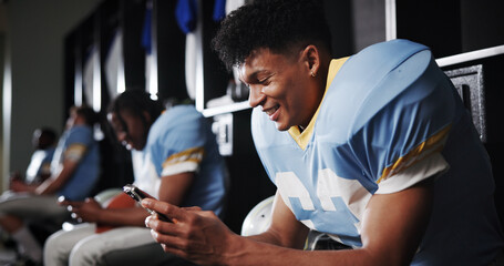 Football, phone and happy with man in locker room for rookie drafting, pro league research and contact. Game score update, team roster with person for connection, training schedule and player stats