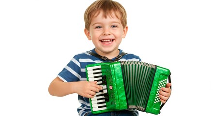 A young boy smiling and playing a green accordion against a white background