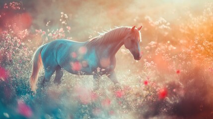 Horse gracefully trotting through a blossoming meadow in golden sunlight