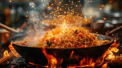 Delicious Noodles Stir-fried in a Wok over Open Flames Authentic Asian Street Food Cuisine