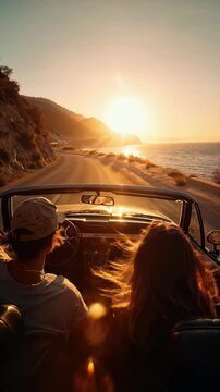 Young couple driving a vintage convertible along a scenic coastal road at sunset, golden light on the ocean and winding road ahead  &mdash; Generative AI