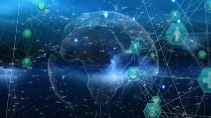 Dotted 3D globe spinning, floating hexagonal nodes linking DNA, heart, flask, cross, upward arrow - Powered by Adobe