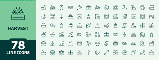 Harvest icon set. Contain linear symbols land, plant, garden, gardening and more. Agriculture icon set. Minimal thin line web icons set. Editable vector. Pixel perfect.