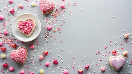 Lovely Pink Heart-Shaped Confections and Sweet Sprinkles on Gray Background for Romantic Occasion