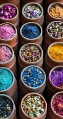 Fototapeta premium Colorful Spices with Market, and Clay Pots.