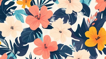 Vibrant floral pattern with tropical hibiscus and leaves