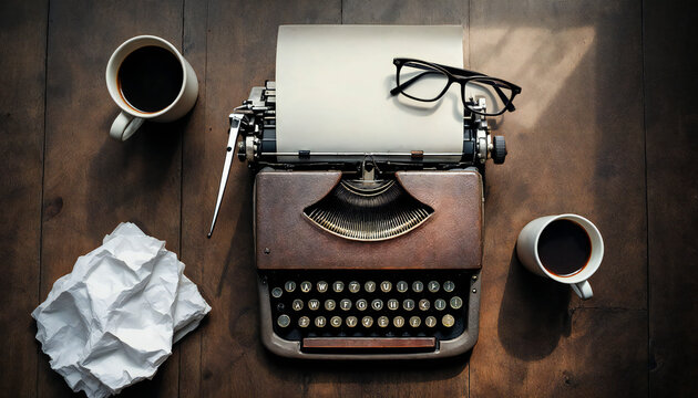 A vintage typewriter sits proudly on a wooden desk, accompanied by a cup of coffee, spectacles, and a crumpled paper, telling story of creative work and the timeless art of writing.