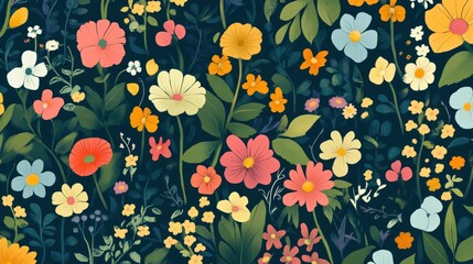 Vibrant floral pattern with various flowers and foliage