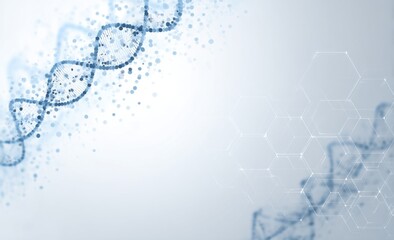 Blue and white background, futuristic style, medical science theme with DNA silhouette, light gray color scheme, light blue elements on the right side of the composition.