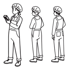 Manufacture quality control worker wearing hairnet, uniform holding scanner. Character for animation. Front, side and back view set. Body parts, postures, poses collection. Vector illustration