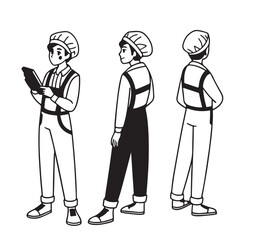 Manufacture quality control worker wearing hairnet, uniform holding scanner. Character for animation. Front, side and back view set. Body parts, postures, poses collection. Vector illustration