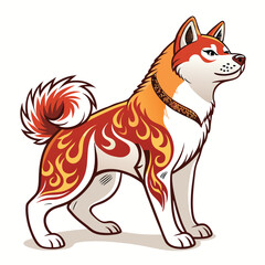 Create a stylized illustration of an Akita Inu, incorporating a vibrant, detailed fire tattoo design across its back and haunches.  Focus on bold lines and intense color.