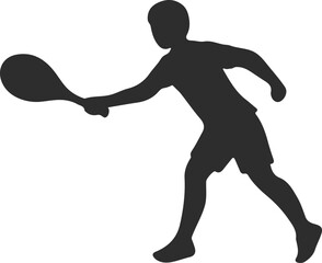 Silhouette of a Tennis Player Swinging Racket, Black Vector Illustration of Sports Action Pose
