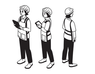 Manufacture quality control worker wearing hairnet, uniform holding scanner. Character for animation. Front, side and back view set. Body parts, postures, poses collection. Vector illustration