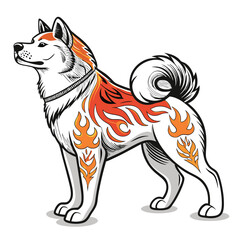 A majestic Akita Inu, powerfully built, showcasing a vibrant, stylized fire tattoo design on its body.  The artwork should be detailed and expressive.