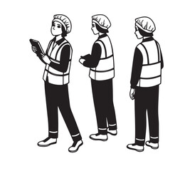 Fototapeta premium Manufacture quality control worker wearing hairnet, uniform holding scanner. Character for animation. Front, side and back view set. Body parts, postures, poses collection. Vector illustration