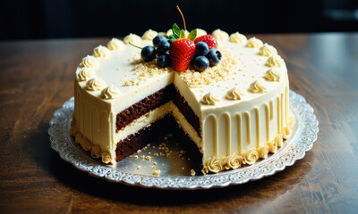 A slice removed from a layered dessert, ideal for promoting treats or indulgence