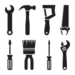Set of Silhouettes of Various Hand Tools Including Hammers, Wrenches, Saws, and Screwdrivers – Black Icons for Construction, Repair, and Manual Labor