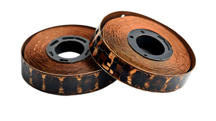 Close-up of Two Vintage Audio Tapes Spool with Intricate Textures and Warm Tones in Focus