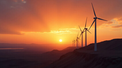 A row of wind turbines stand tall on a hilltop, silhouetted against a breathtaking sunset. The golden rays of the setting sun illuminate the landscape.