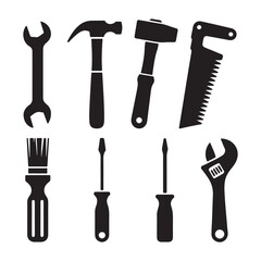 Set of Silhouettes of Various Hand Tools Including Hammers, Wrenches, Saws, and Screwdrivers – Black Icons for Construction, Repair, and Manual Labor