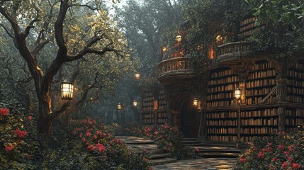 Enchanting forest library, filled with ancient books, lit by warm lamps