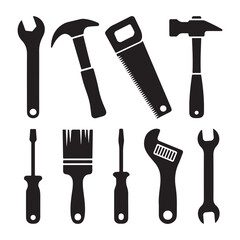 Set of Silhouettes of Various Hand Tools Including Hammers, Wrenches, Saws, and Screwdrivers – Black Icons for Construction, Repair, and Manual Labor