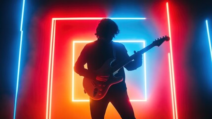 Guitarist silhouette performing under vibrant neon square illumination