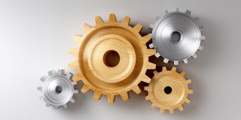 Interlocking gears, gold and silver, on a light gray background. Industrial, mechanical, teamwork concept.