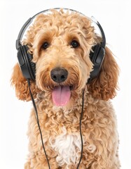 Fototapeta premium Adorable isolated goldendoodle dog wearing head phones ear buds