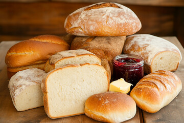 Rustic kitchen table showcases an assortment of freshly baked breads and butter with a jar of berry jam in a cozy setting