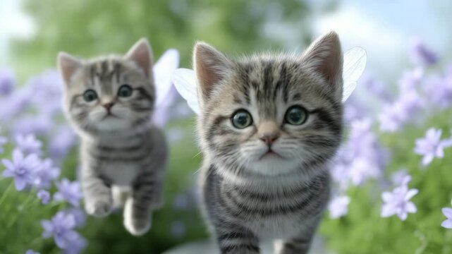 Angelic Kittens in Bloom: Two adorable kittens with delicate, feathery wings frolic amidst a vibrant garden of purple flowers, their bright green eyes captivating.