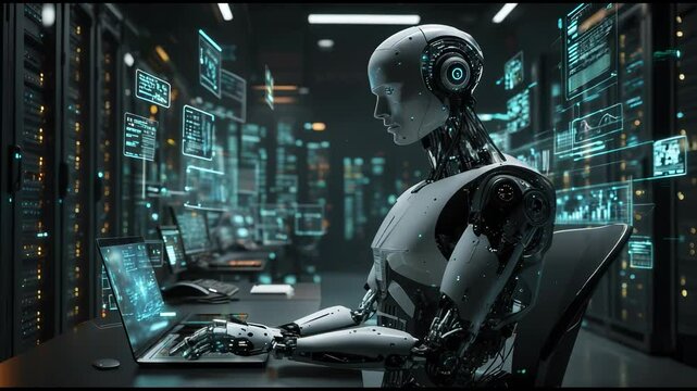 Cyber intelligence robot controls digital interface. Robot operates AI system through holographic data. AI intelligence processes technology. Server panels visible background. Digital AI workstation