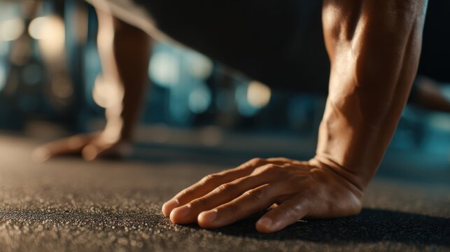 close up of the hands of a strong man doing pushups with one arm only, inside a gym, at daylight --chaos 10